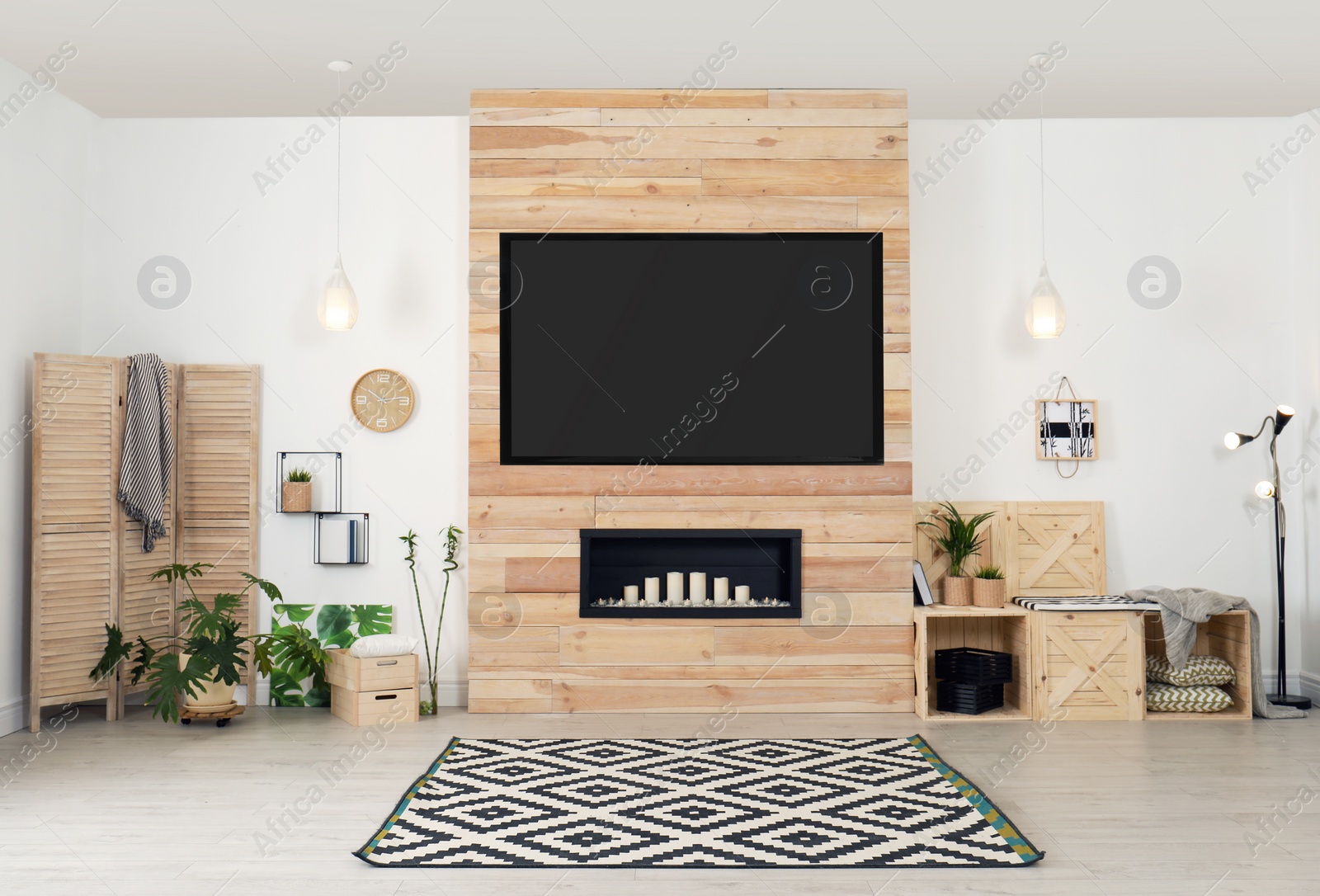 Photo of Living room interior with modern TV on wooden wall