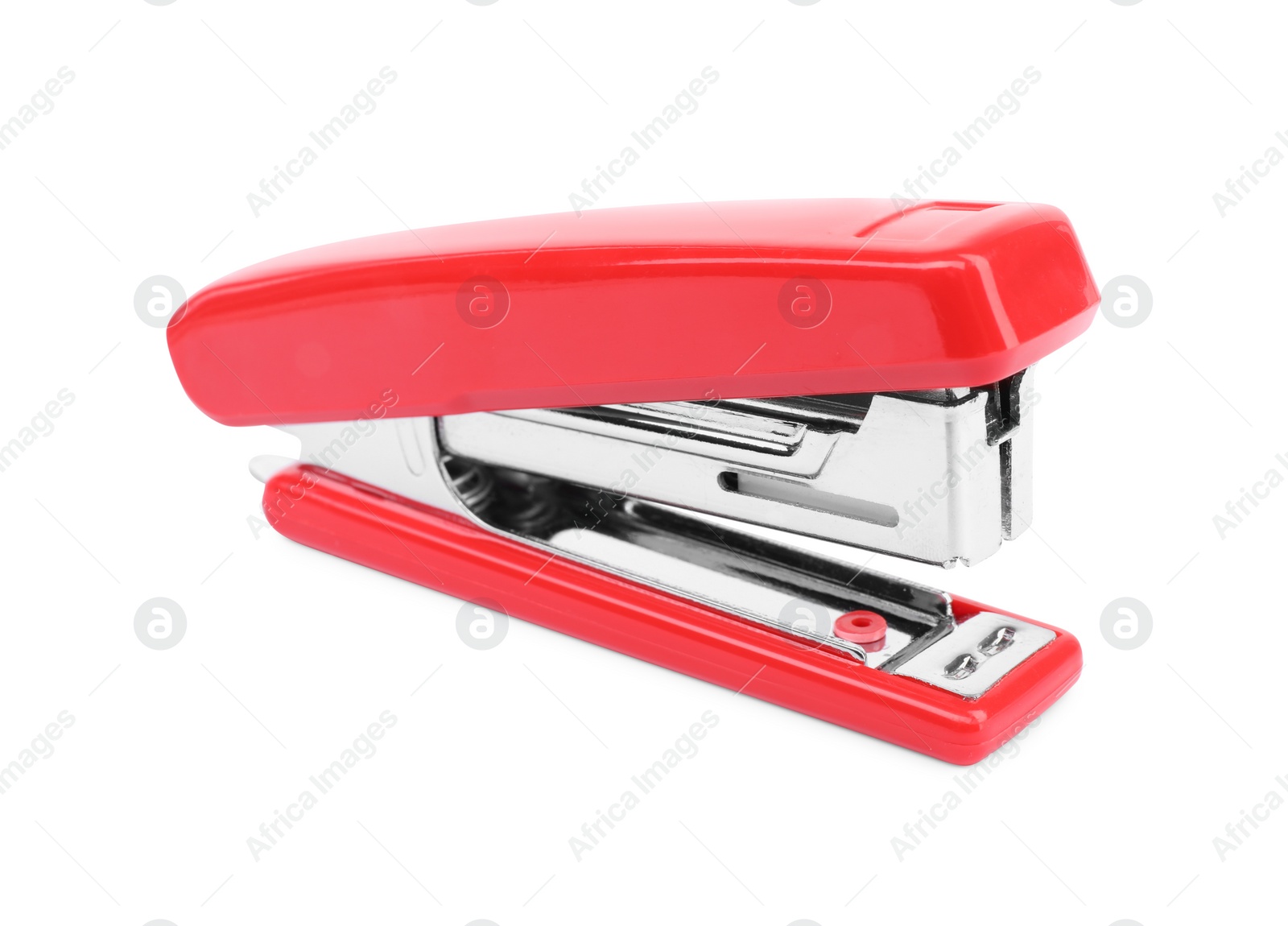 Photo of One new red stapler isolated on white