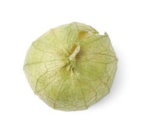 Photo of Fresh green tomatillo with husk isolated on white, top view
