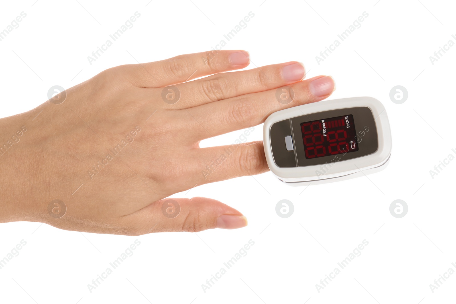 Photo of Woman using pulse oximeter for oxygen level testing on white background, closeup