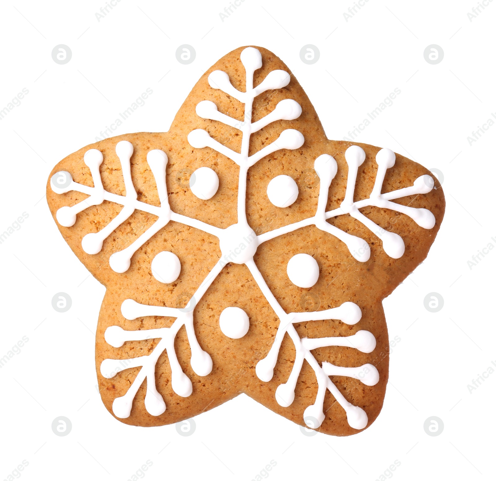 Photo of Tasty star shaped Christmas cookie with icing isolated on white