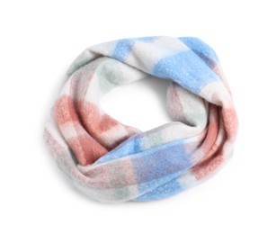 One beautiful checkered scarf on white background, top view