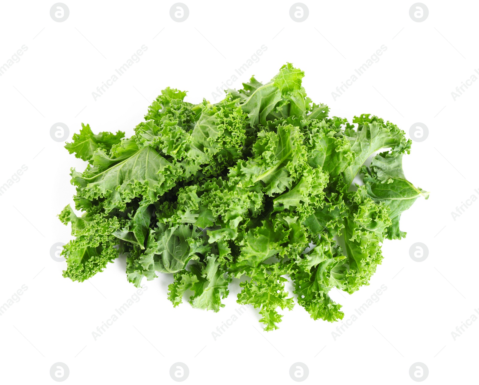 Photo of Fresh green kale leaves isolated on white, top view