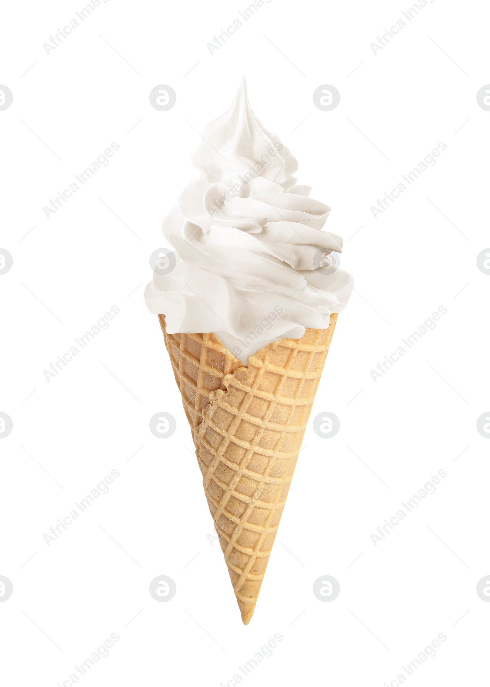 Image of Tasty ice cream in waffle cone isolated on white. Soft serve