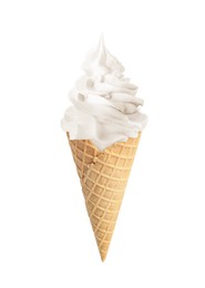 Tasty ice cream in waffle cone isolated on white. Soft serve