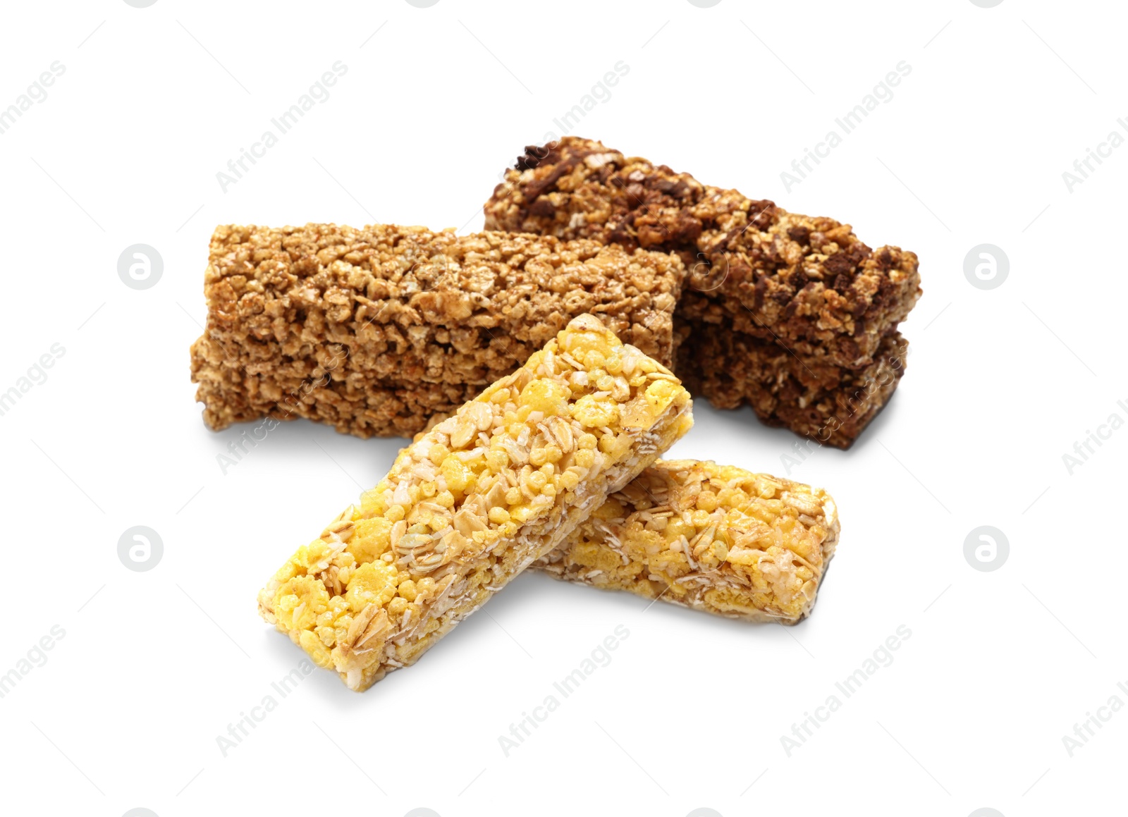 Photo of Different tasty granola bars isolated on white