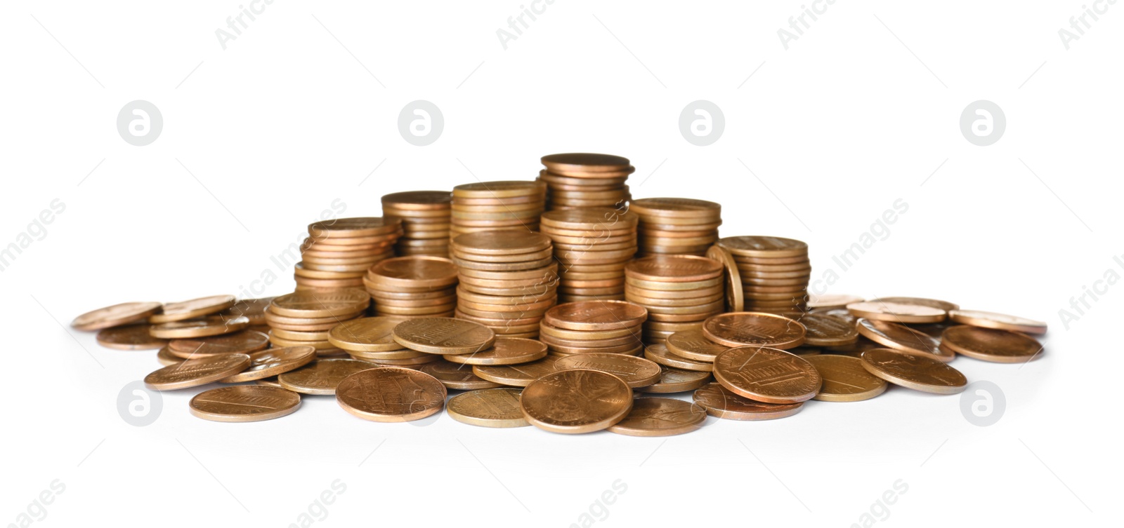 Photo of Pile and stacks of US coins isolated on white