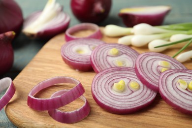 Photo of Cut red onion on wooden board, closeup