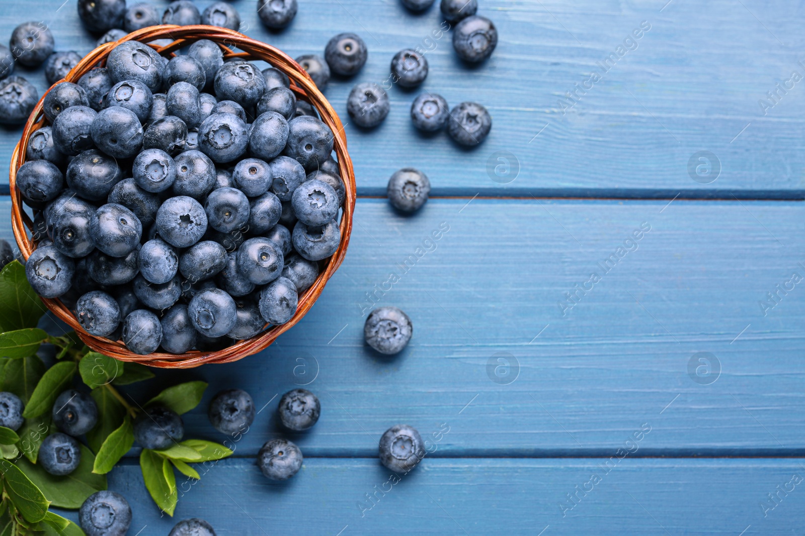 Photo of Tasty fresh blueberries on blue wooden table, flat lay. Space for text