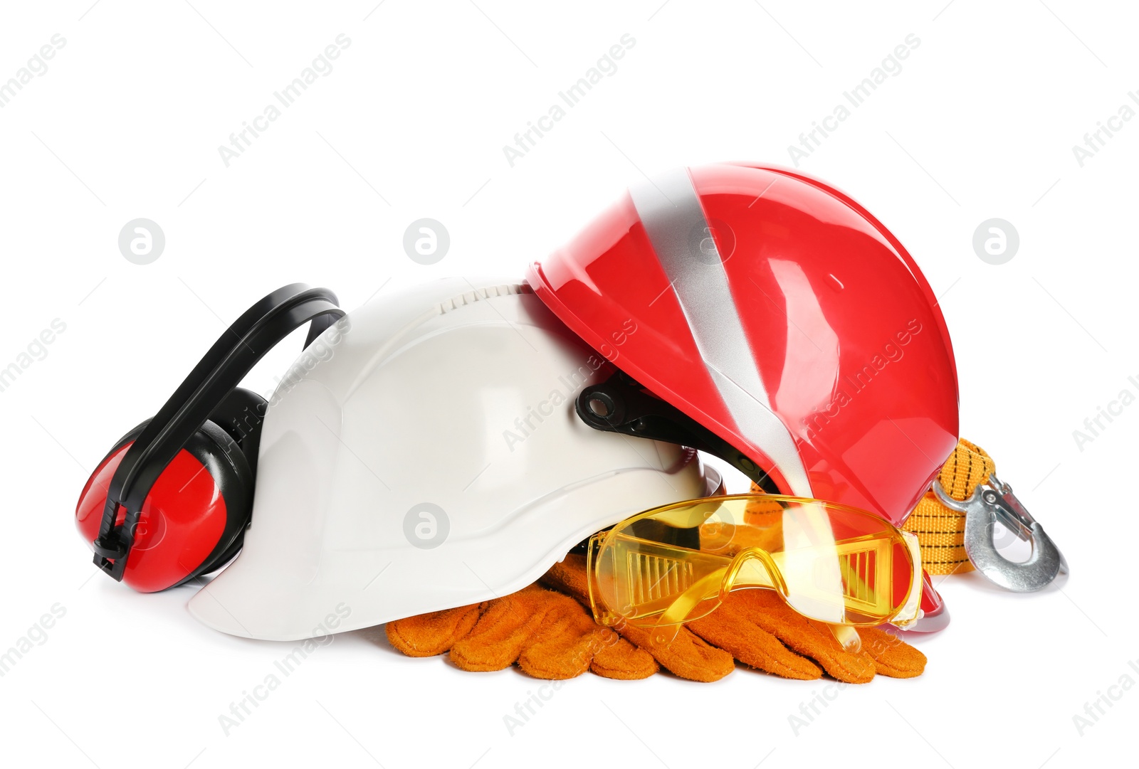 Photo of Protective workwear on white background. Safety equipment