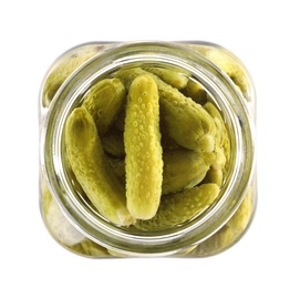 Photo of Open jar with pickled gherkins on white background, top view