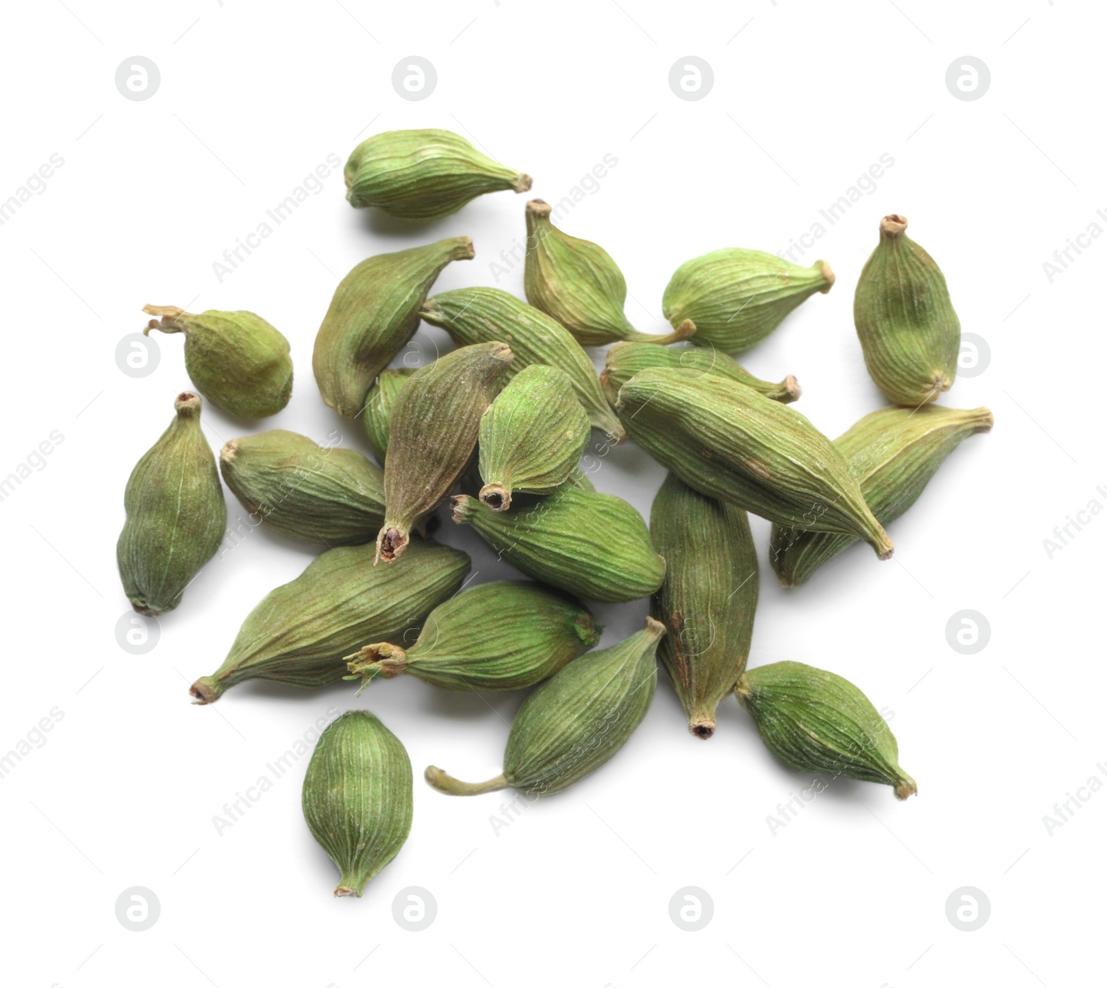 Photo of Pile of dry green cardamom pods on white background, top view