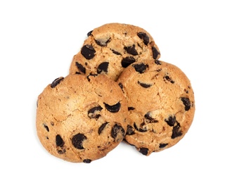 Delicious chocolate chip cookies on white background, top view