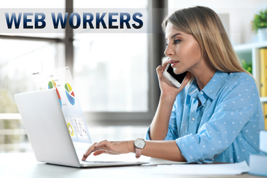 Image of Young woman talking on phone while working with laptop at table in office. Web workers