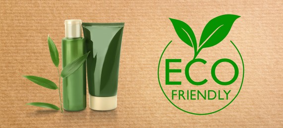 Image of Organic eco friendly cosmetic products on cardboard background. Banner design