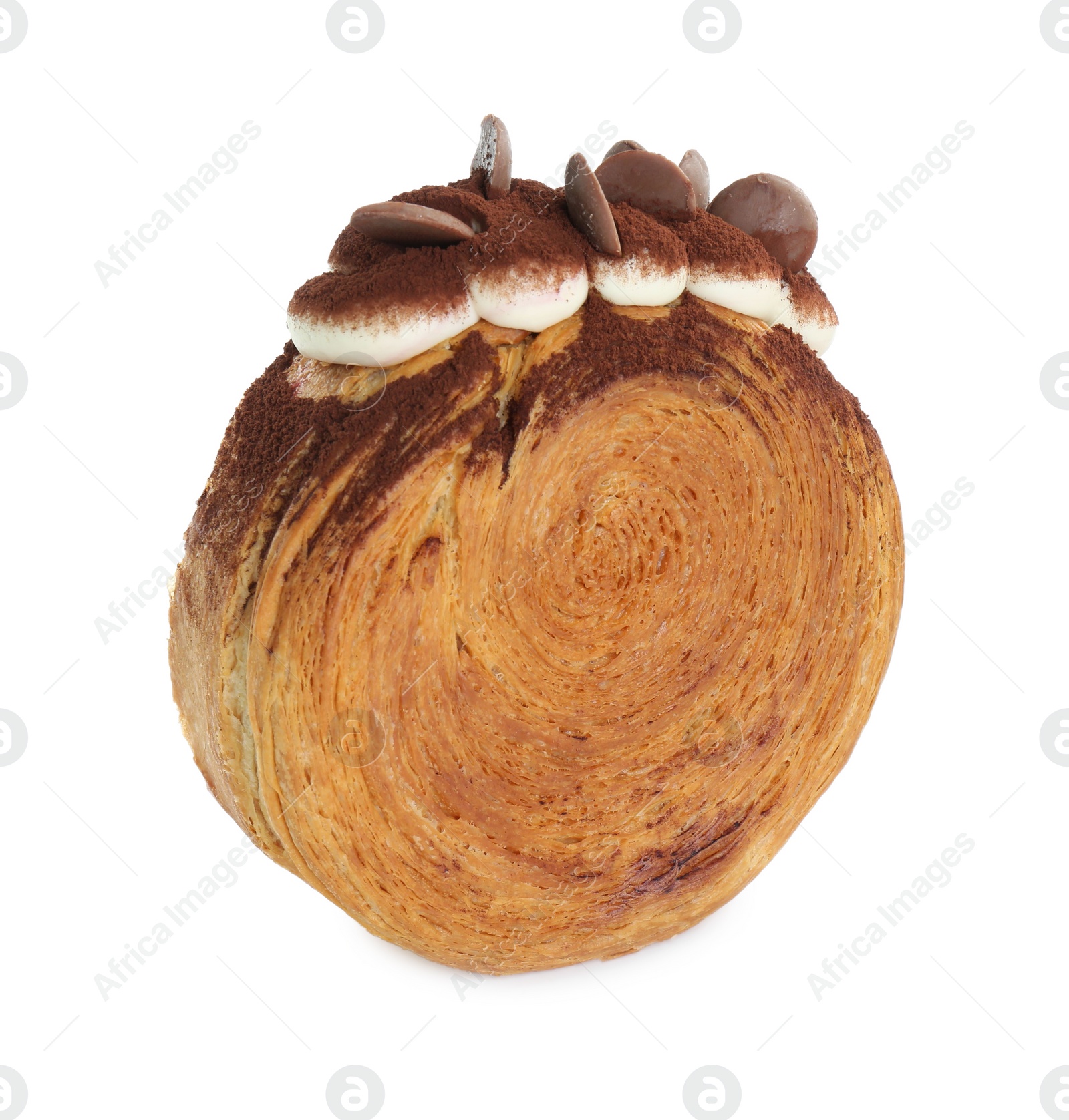 Photo of Round croissant with chocolate chips and cream isolated on white. Tasty puff pastry