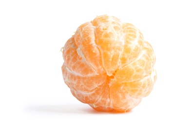 Photo of Peeled ripe tangerine on white background. Citrus fruit