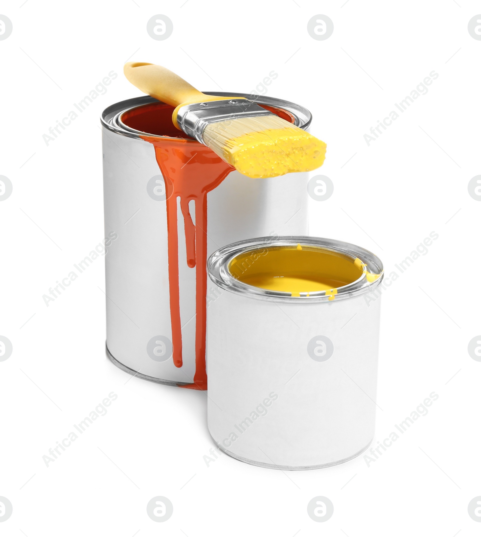 Photo of Cans of different paints and brush on white background