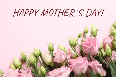 Image of Happy Mother's Day greeting card. Beautiful flowers on pink background