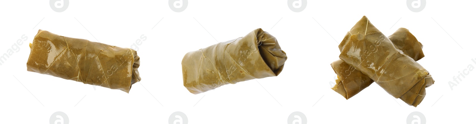 Image of Delicious stuffed grape leaves on white background, collage. Banner design 