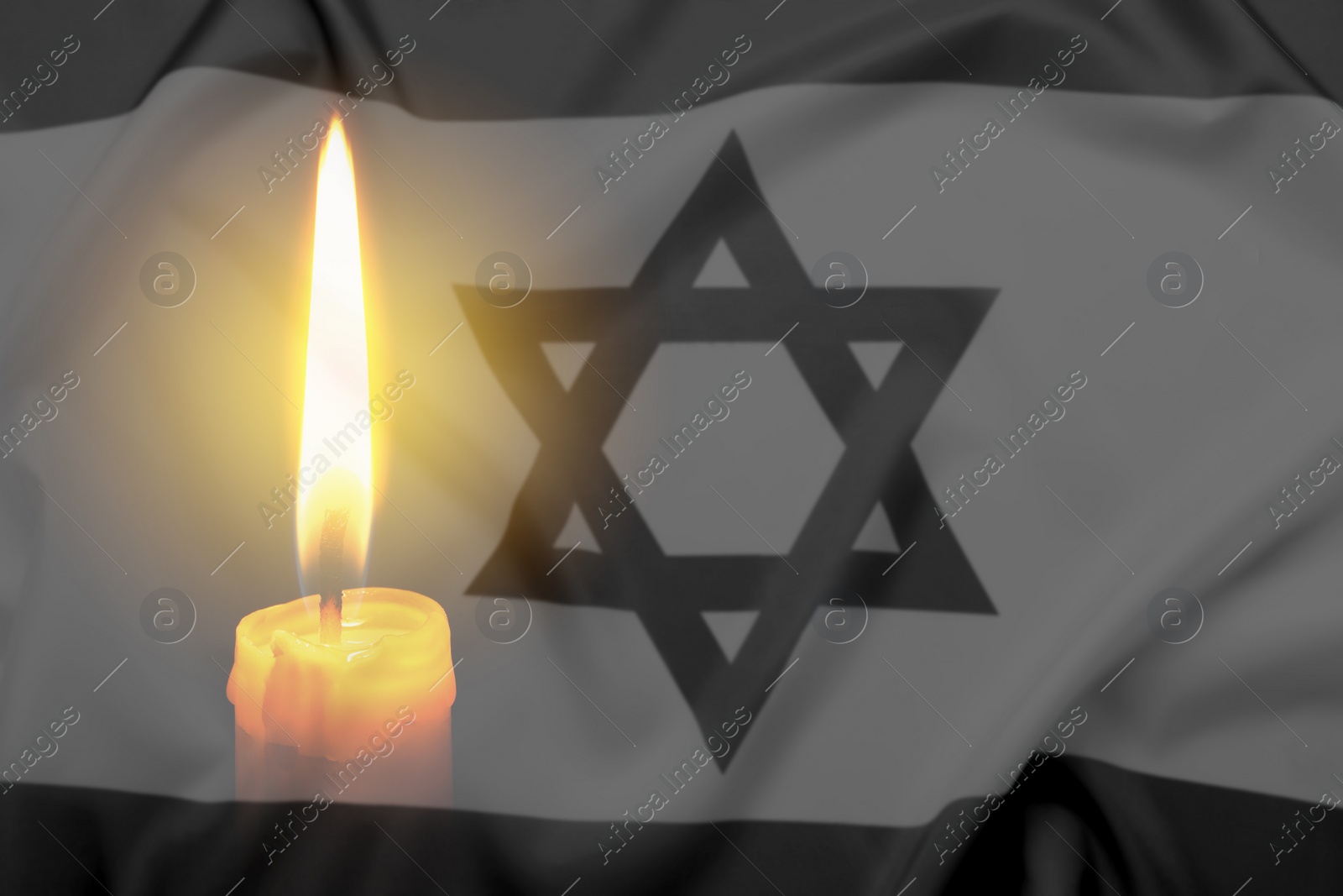 Image of Candle and flag of Israel, double exposure