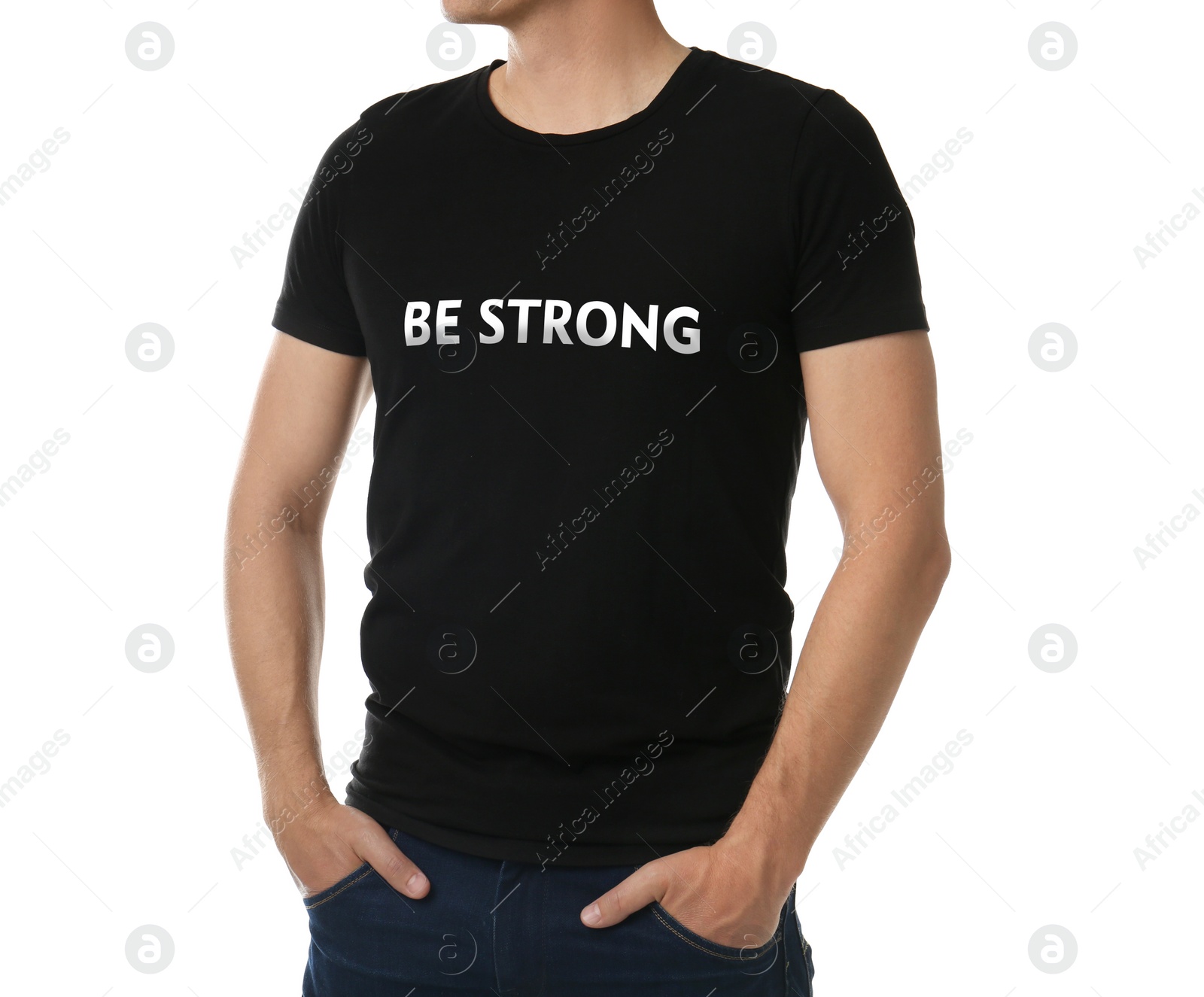 Image of Motivational phrase. Man in black t-shirt with words Be Strong on white background, closeup