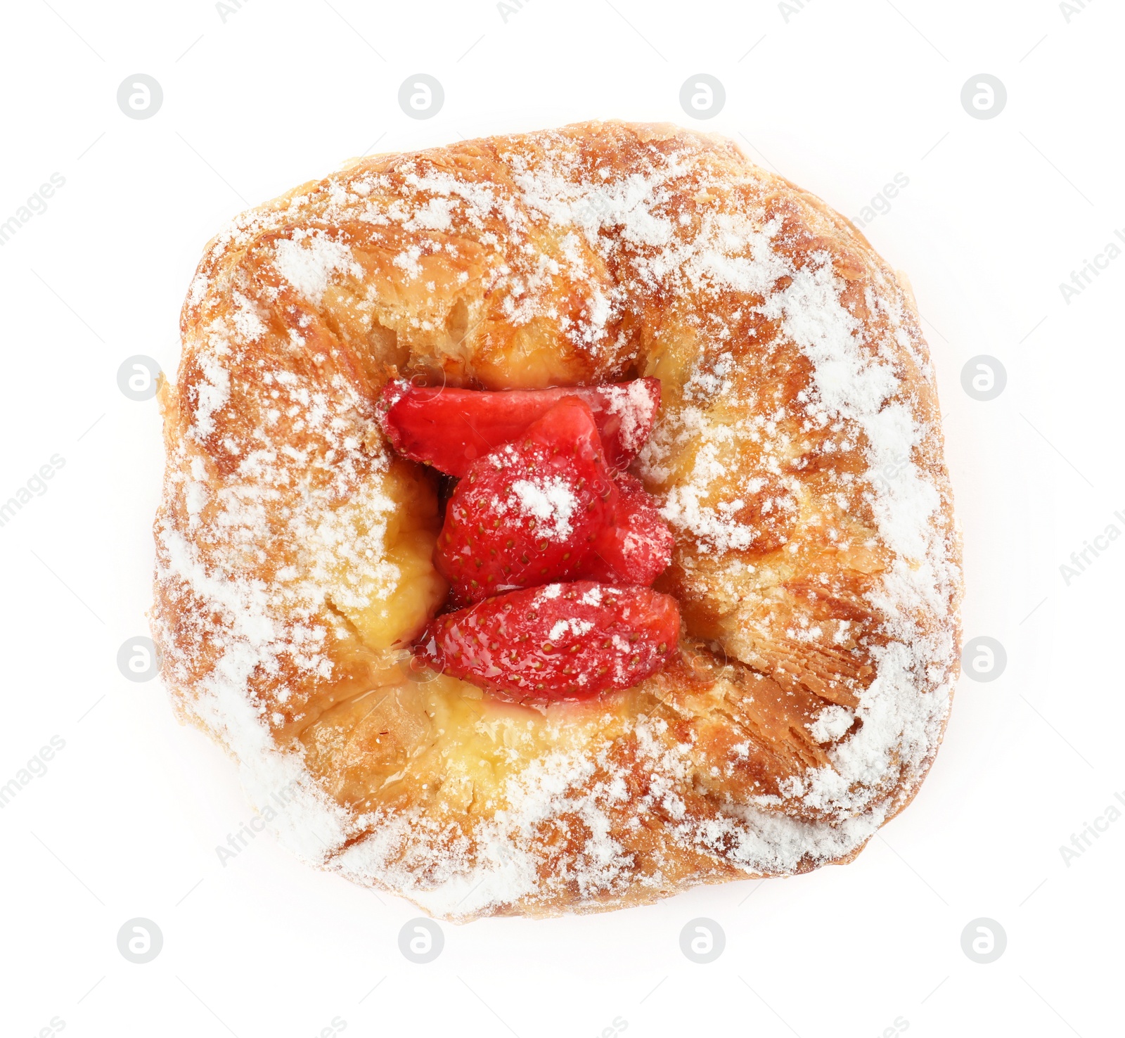 Photo of Danish pastry with strawberries isolated on white, top view