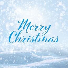 Image of Merry Christmas. Beautiful fluffy snow outdoors, bokeh effect