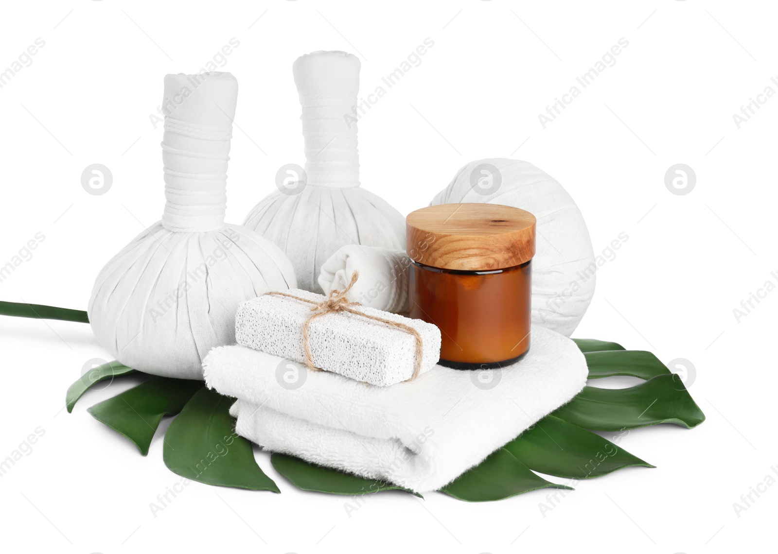 Photo of Beautiful spa composition with different body care products isolated on white