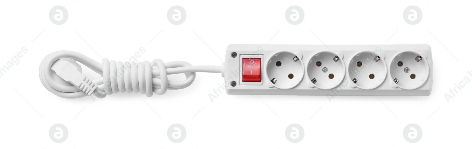 Photo of Power strip isolated on white, top view. Electrician's equipment