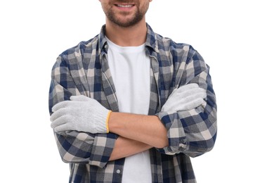 Happy man with crossed arms on white background, closeup