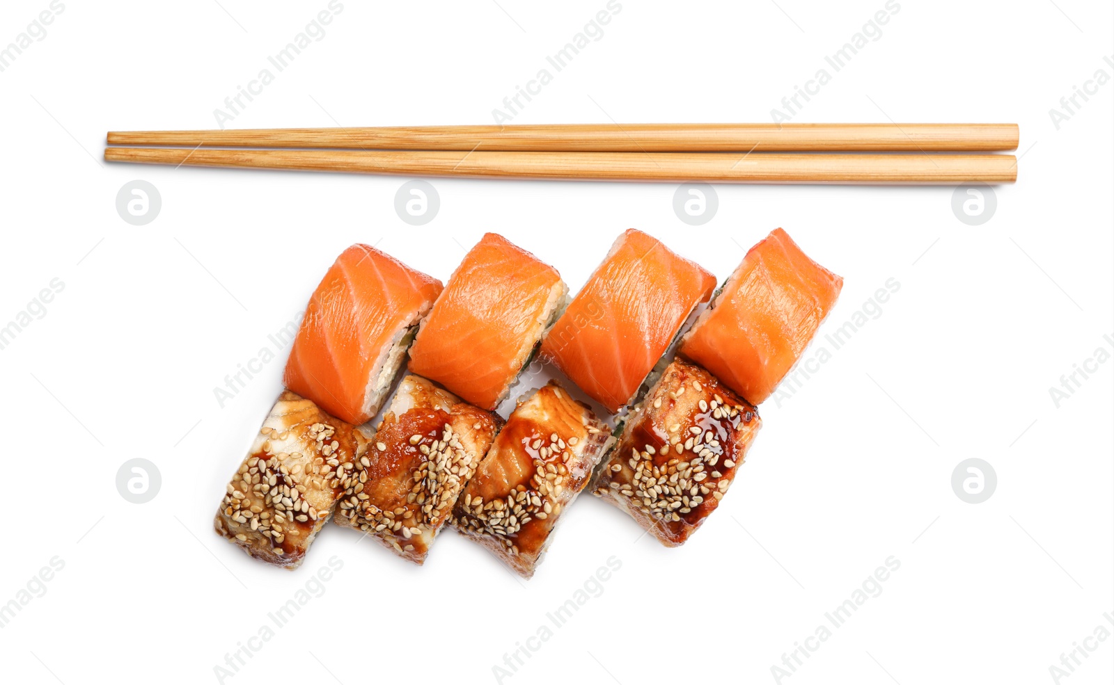 Photo of Set of delicious sushi rolls on white background, top view