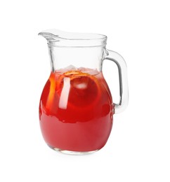 Photo of Tasty sicilian orange juice with ice cubes in glass jug on white background
