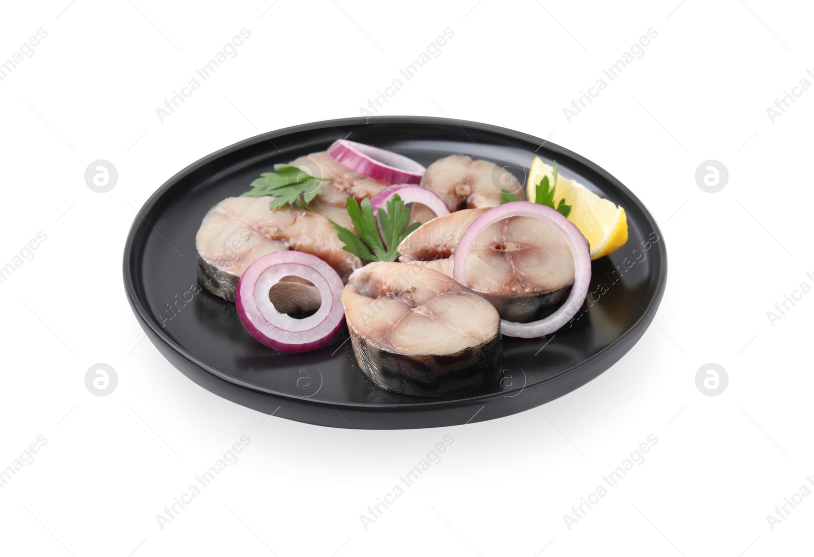 Photo of Slices of tasty salted mackerel, onion rings and parsley isolated on white