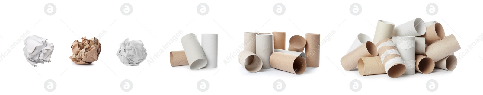 Image of Set of cardboard garbage on white background, banner design. Waste management and recycling