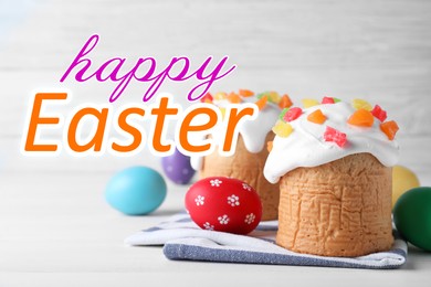 Image of Happy holiday. Easter cakes and color eggs on white table