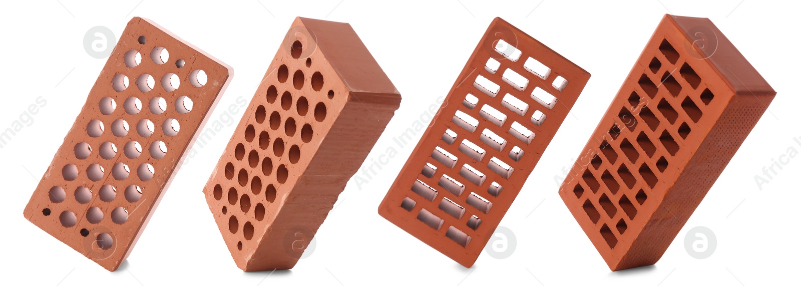 Image of Set of red bricks on white background, different views