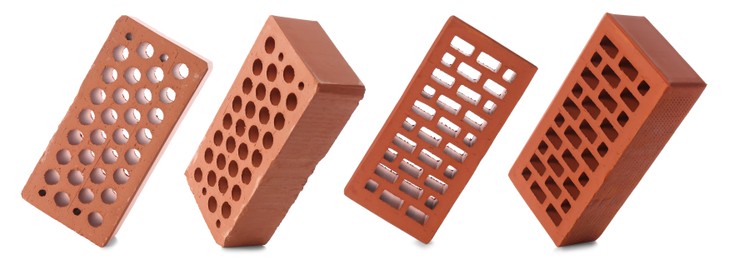 Image of Set of red bricks on white background, different views