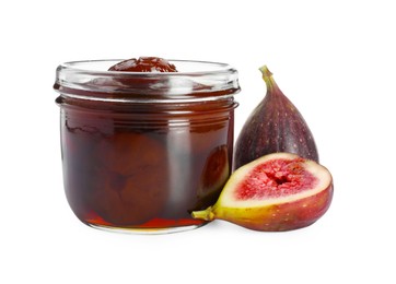 Jar of tasty sweet jam and fresh figs isolated on white