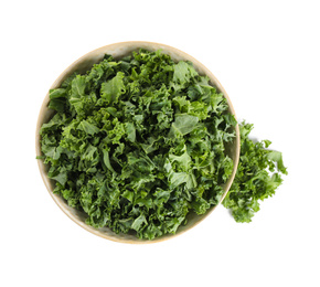 Photo of Fresh green kale leaves isolated on white, top view