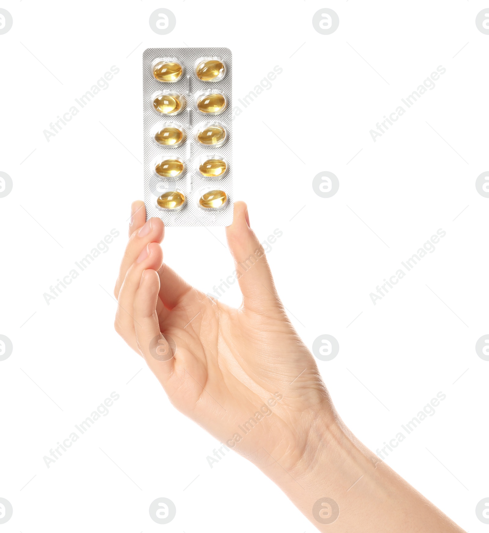 Photo of Woman holding pills in blister pack on white background, closeup