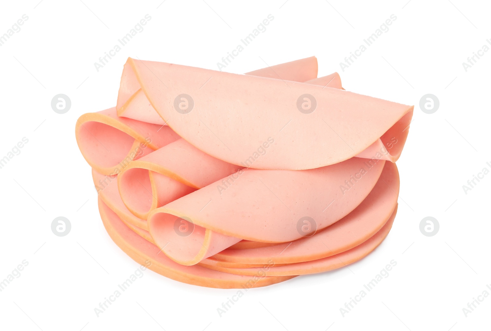 Photo of Slices of delicious boiled sausage on white background