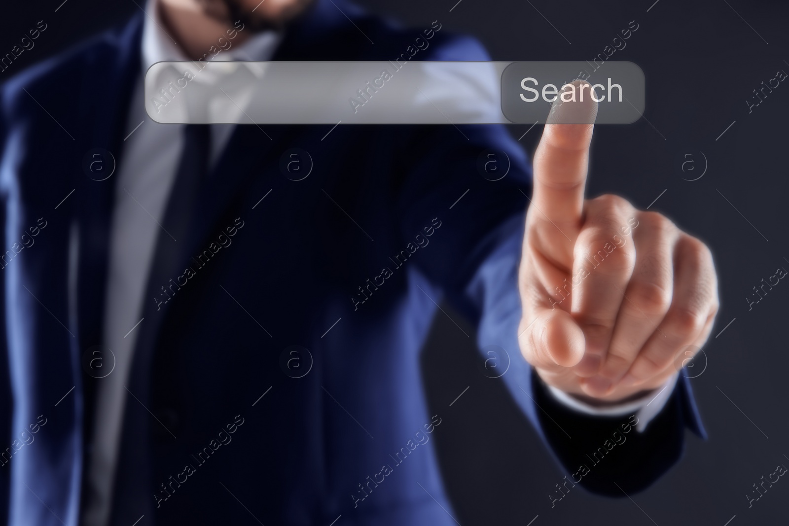 Image of Businessman using search bar on virtual screen, closeup