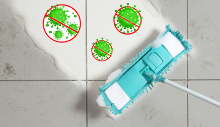 Cleaning vs viruses. Washing floor with mop and disinfecting solution, top view