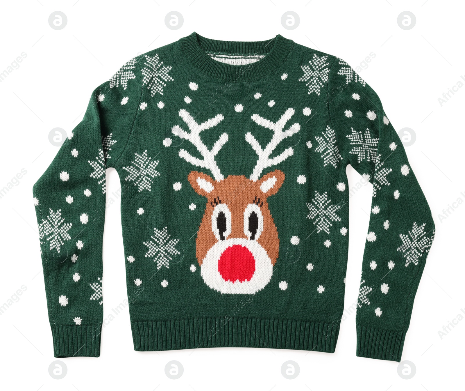 Photo of Green Christmas sweater with reindeer isolated on white, top view