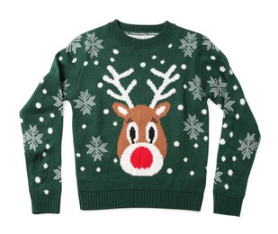 Photo of Green Christmas sweater with reindeer isolated on white, top view