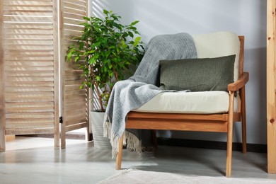 Photo of Wooden armchair, green houseplant and folding screen near light wall. Interior design
