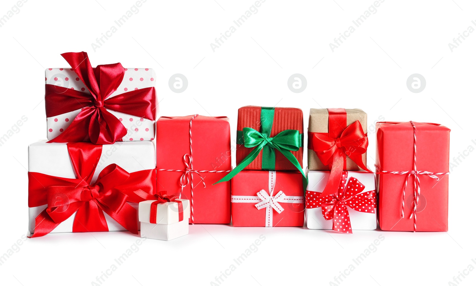 Photo of Beautifully wrapped gift boxes on white background