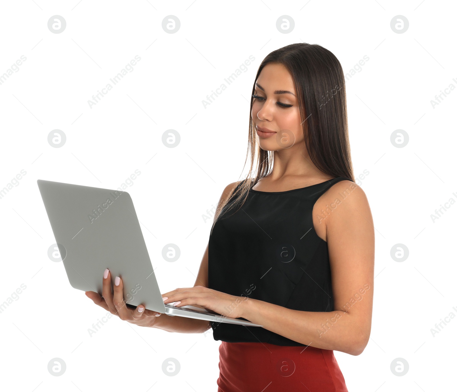 Photo of Beautiful young woman with laptop on white background