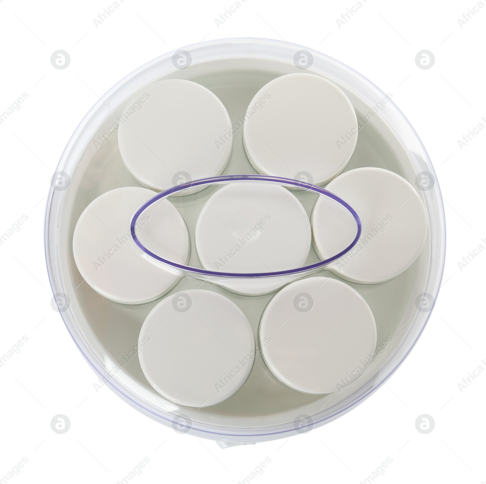 Photo of Modern yogurt maker with jars on white background, top view